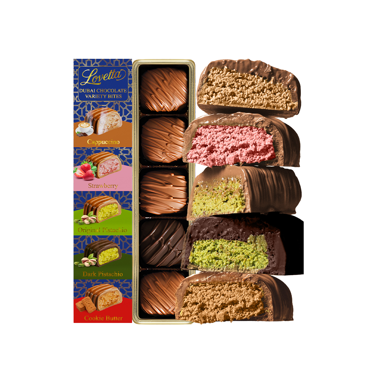 5 Piece Dubai Chocolate Variety Pack Pistachio, Cookie Butter, Strawberry, Cappuccino, Dark Chocolate Pistachio