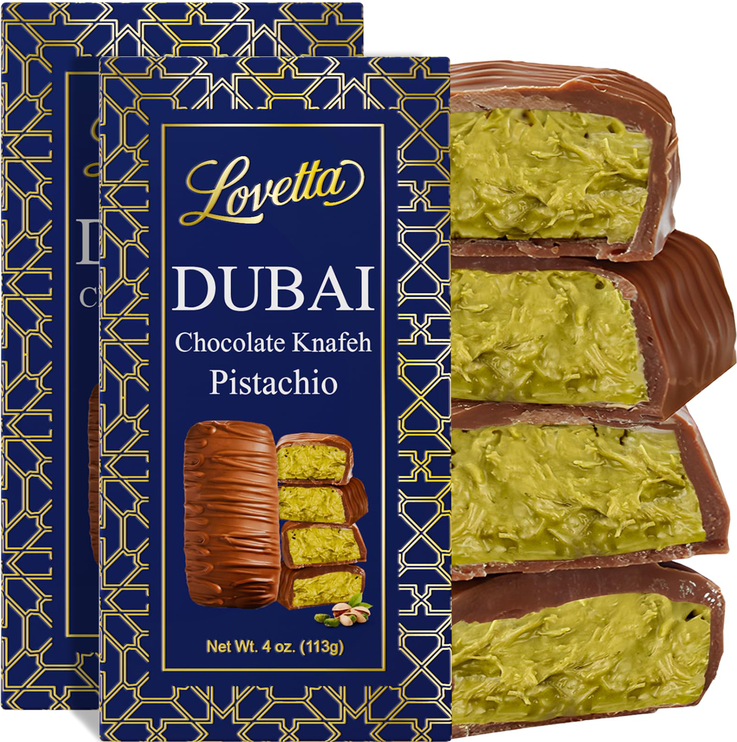 Lovetta Dubai Chocolate Pistachio Knafeh 4oz Dessert Snack Rich Belgian Milk Chocolate with Fresh Pistachio Paste Cream