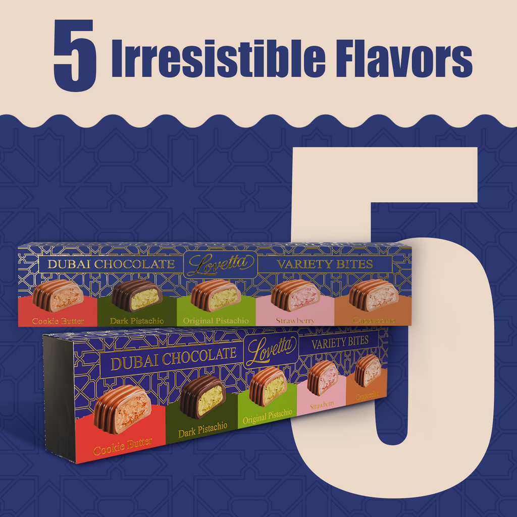5 Piece Dubai Chocolate Variety Pack Pistachio, Cookie Butter, Strawberry, Cappuccino, Dark Chocolate Pistachio