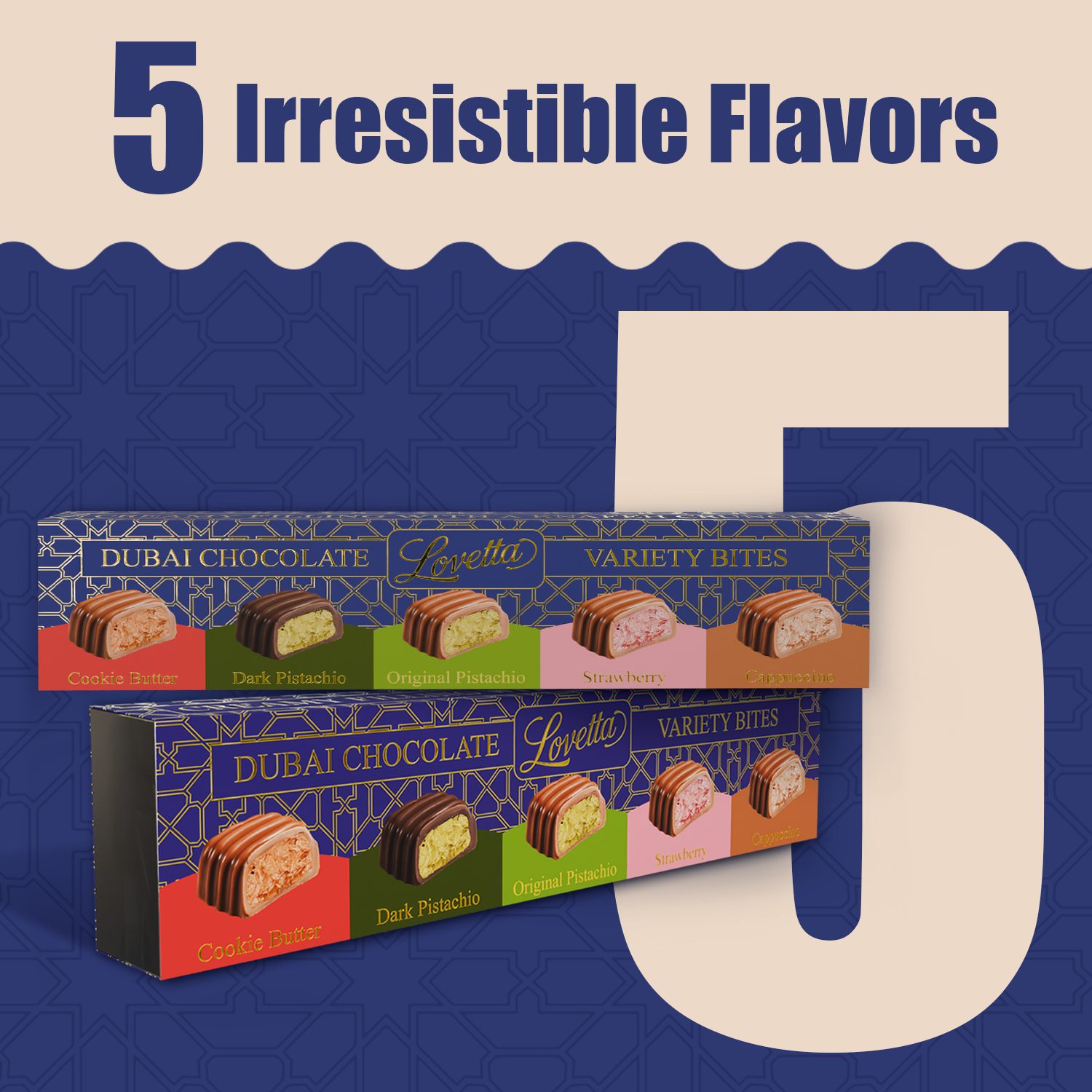 5 Piece Dubai Chocolate Variety Pack Pistachio, Cookie Butter, Strawberry, Cappuccino, Dark Chocolate Pistachio