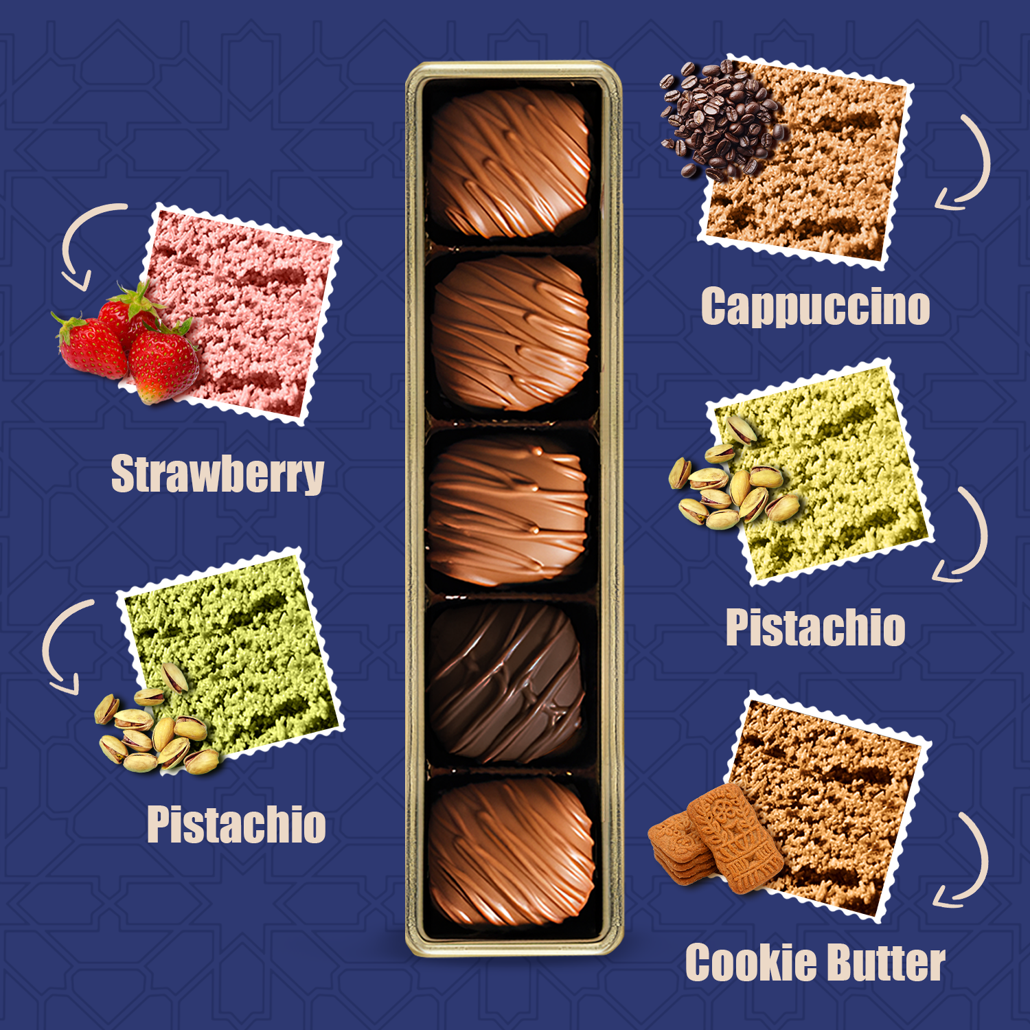 5 Piece Dubai Chocolate Variety Pack Pistachio, Cookie Butter, Strawberry, Cappuccino, Dark Chocolate Pistachio