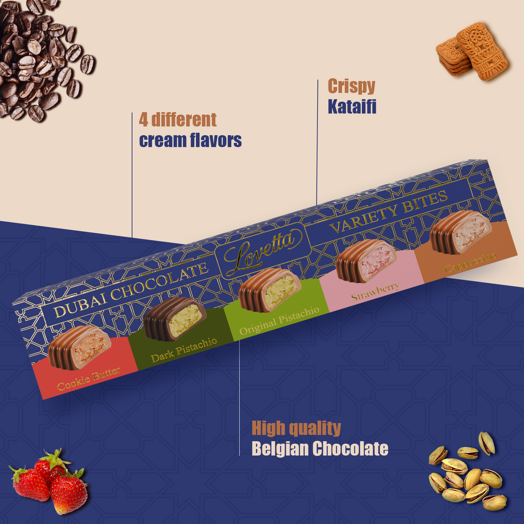 5 Piece Dubai Chocolate Variety Pack Pistachio, Cookie Butter, Strawberry, Cappuccino, Dark Chocolate Pistachio