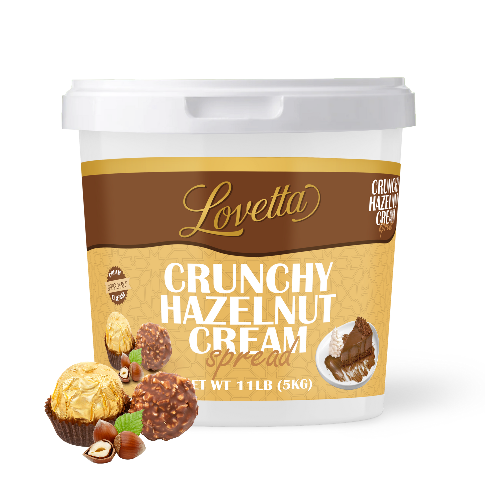 Container of Lovetta Crunchy Hazelnut Cream Spread with Hazelnut Chocolate and Hazelnuts
