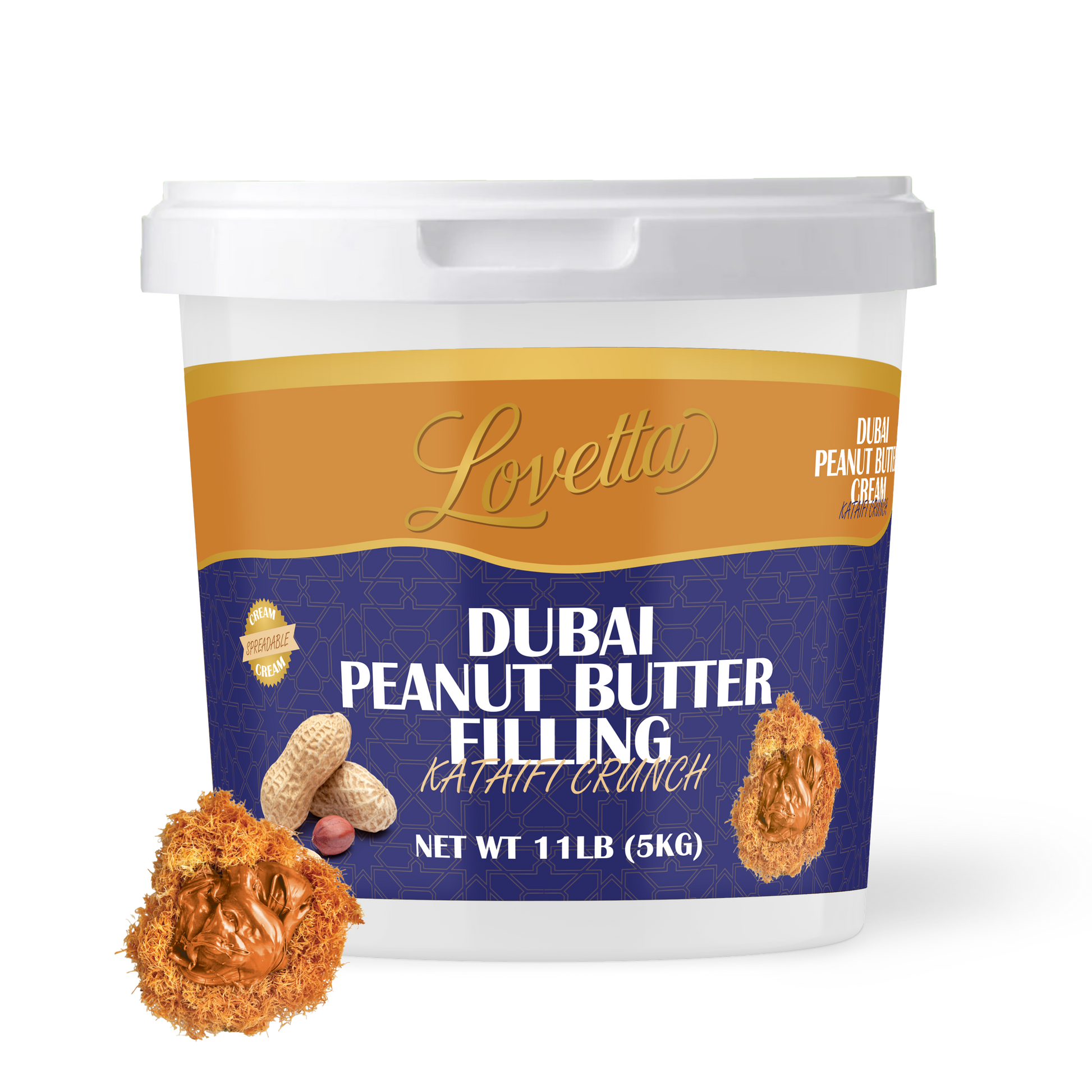 Container of Lovetta Dubai Peanut Butter Filling with peanut and katatti crunch images 