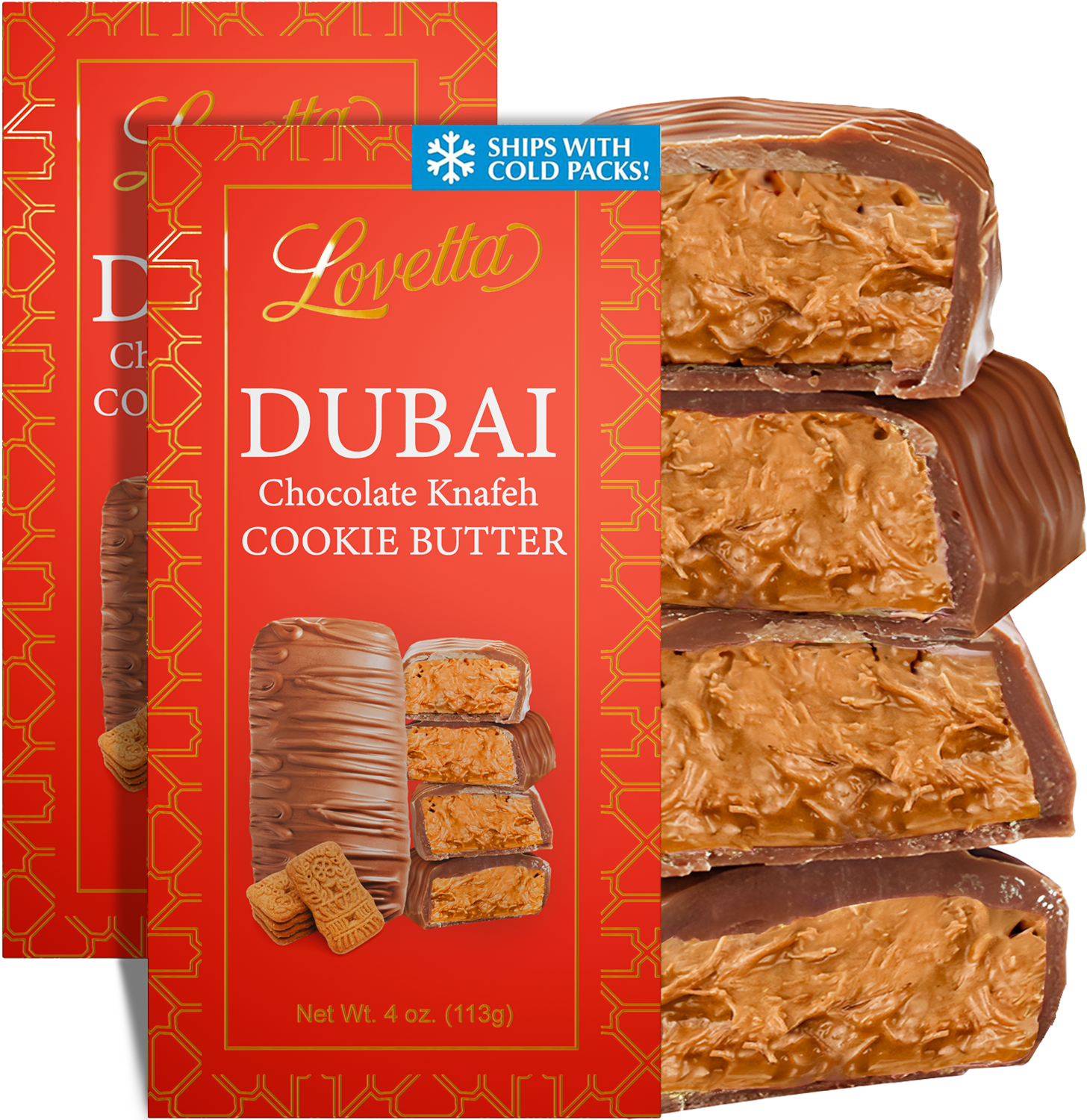 Lovetta Dubai Chocolate Bar Cookie Butter Knafeh - Luxury Rich Milk Chocolate, Individually Wrapped Fresh, Premium Cookie Butter Cream Kataifi Filling (2 Pack)