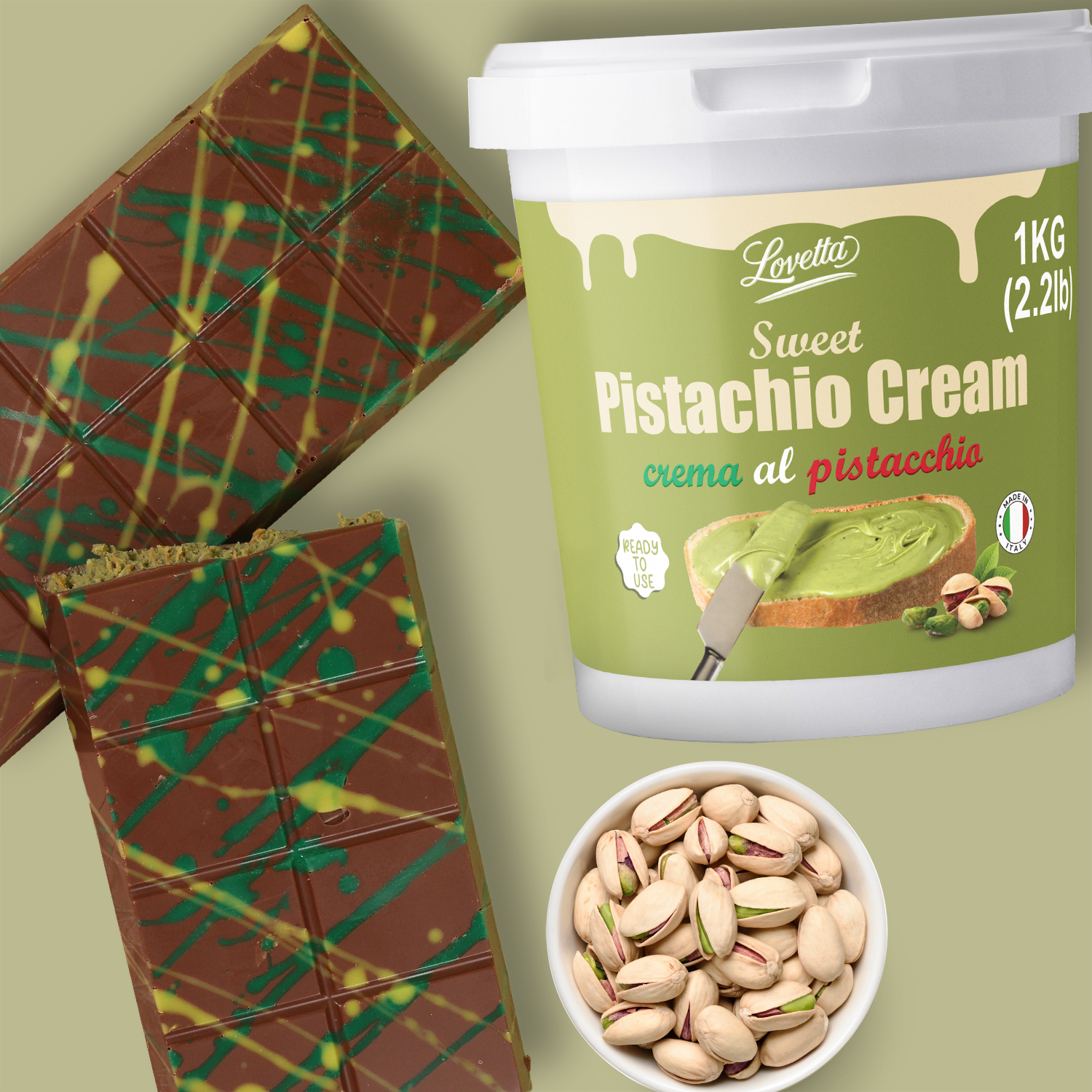 Pistagekräm 1 kg (2,2 lb) – Italiensk Crema de Pistachio Dubai i lösvikt, premium pistagesmör, pistagepasta och pålägg – Pistagekräm för Dubai-choklad, bakverk och desserter 