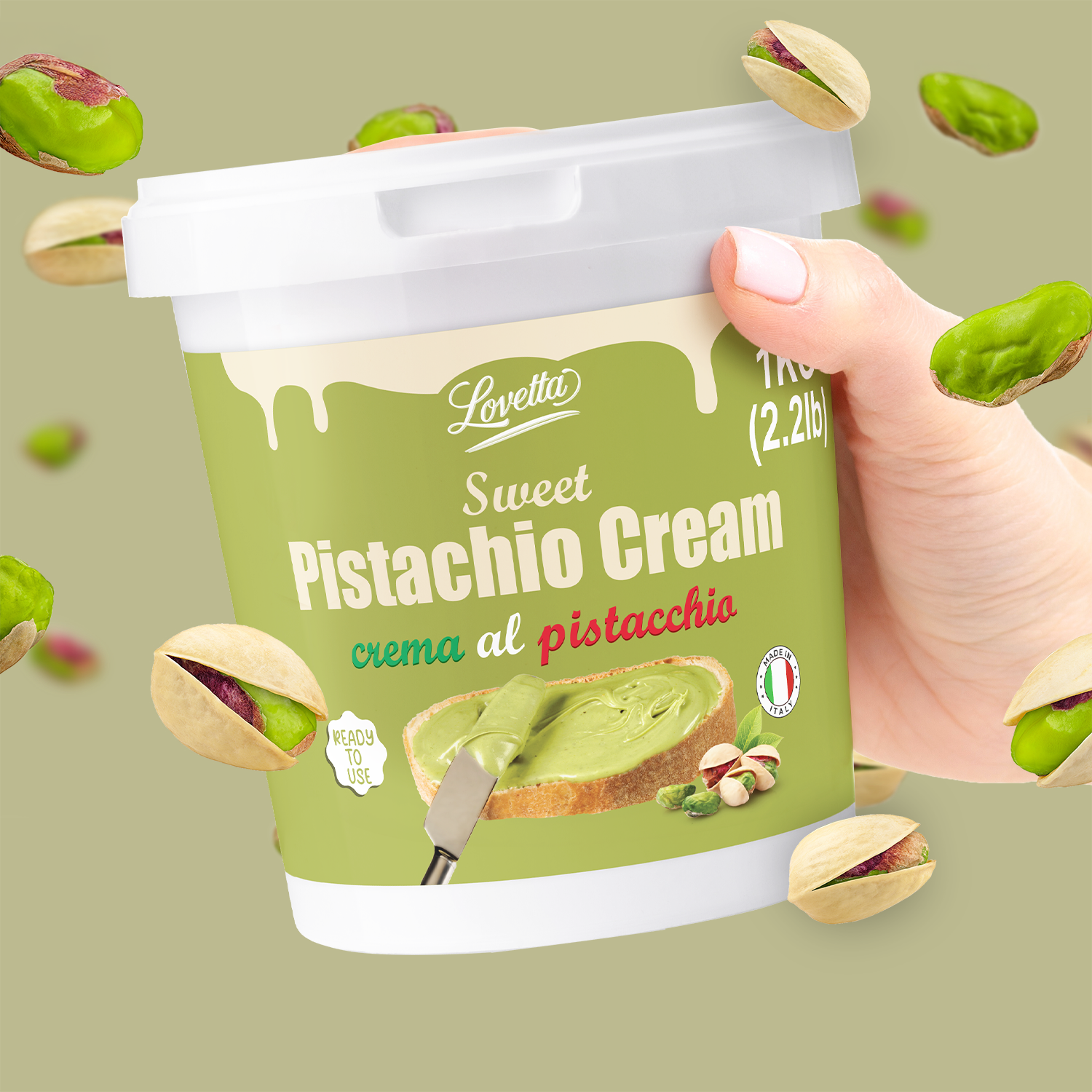 Pistagekräm 1 kg (2,2 lb) – Italiensk Crema de Pistachio Dubai i lösvikt, premium pistagesmör, pistagepasta och pålägg – Pistagekräm för Dubai-choklad, bakverk och desserter 