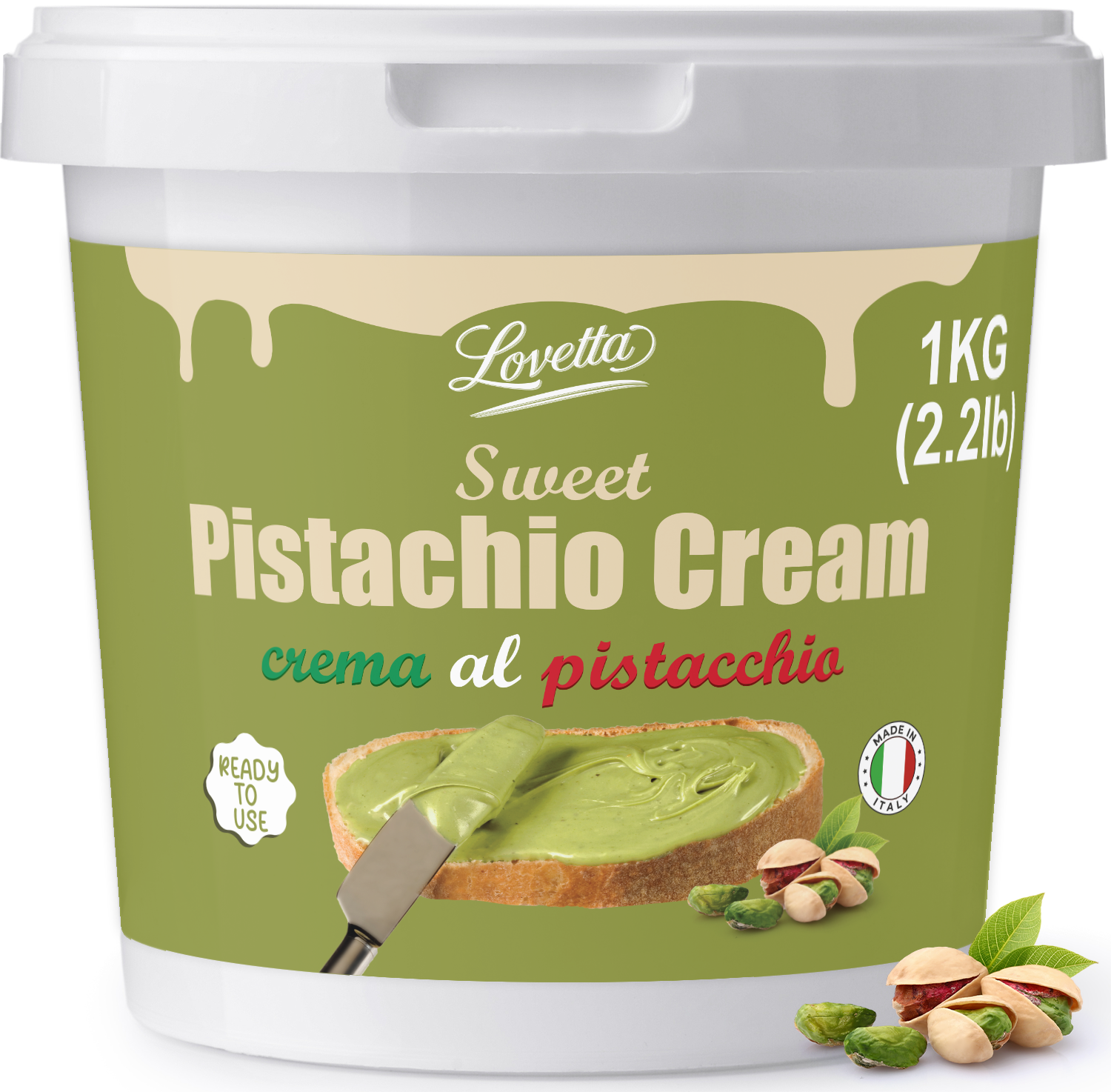 Pistagekräm 1 kg (2,2 lb) – Italiensk Crema de Pistachio Dubai i lösvikt, premium pistagesmör, pistagepasta och pålägg – Pistagekräm för Dubai-choklad, bakverk och desserter 