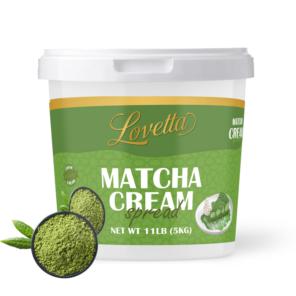 Container of Lovetta Matcha Cream Spread with a Bowl of Grounded Matcha 