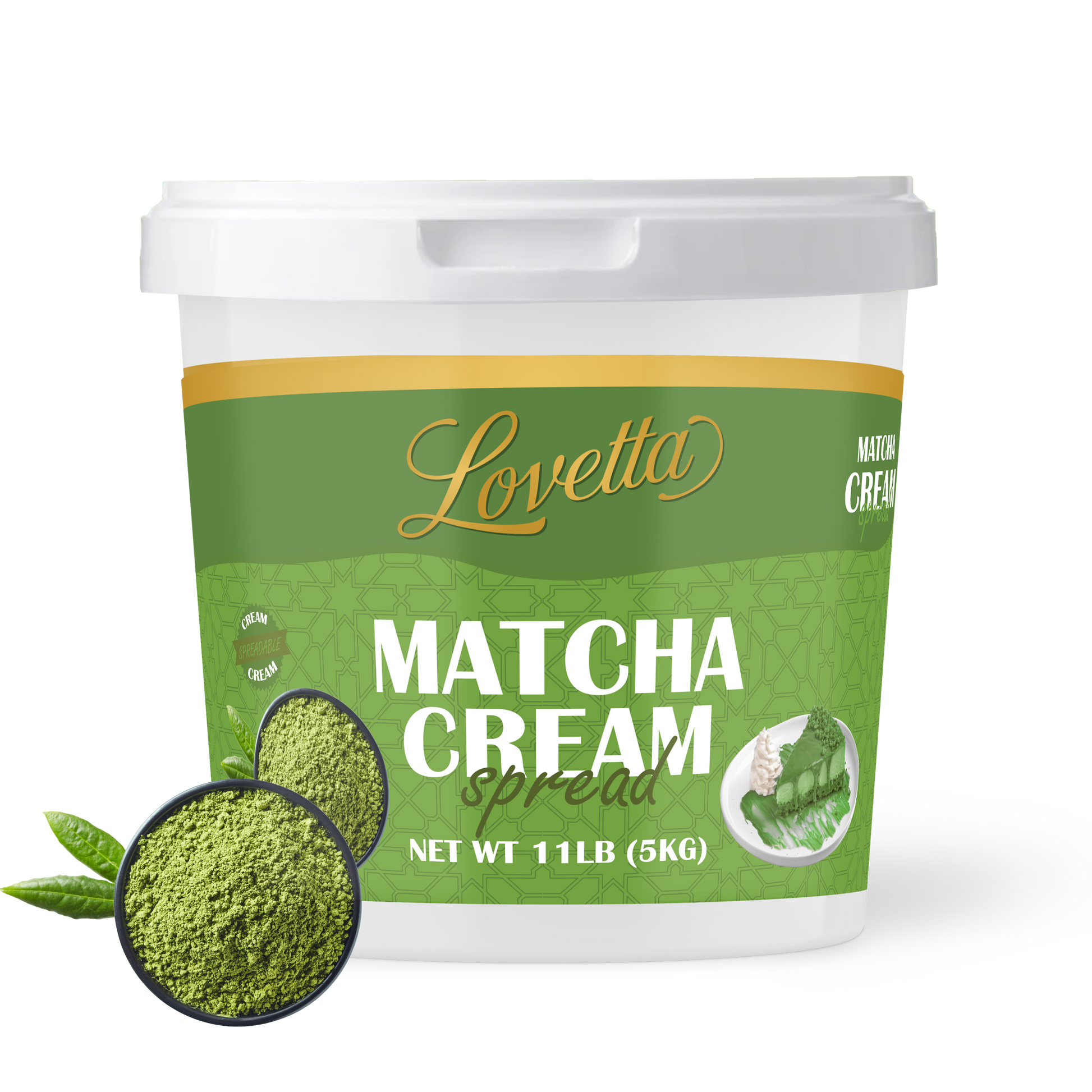 Container of Lovetta Matcha Cream Spread with a Bowl of Grounded Matcha 