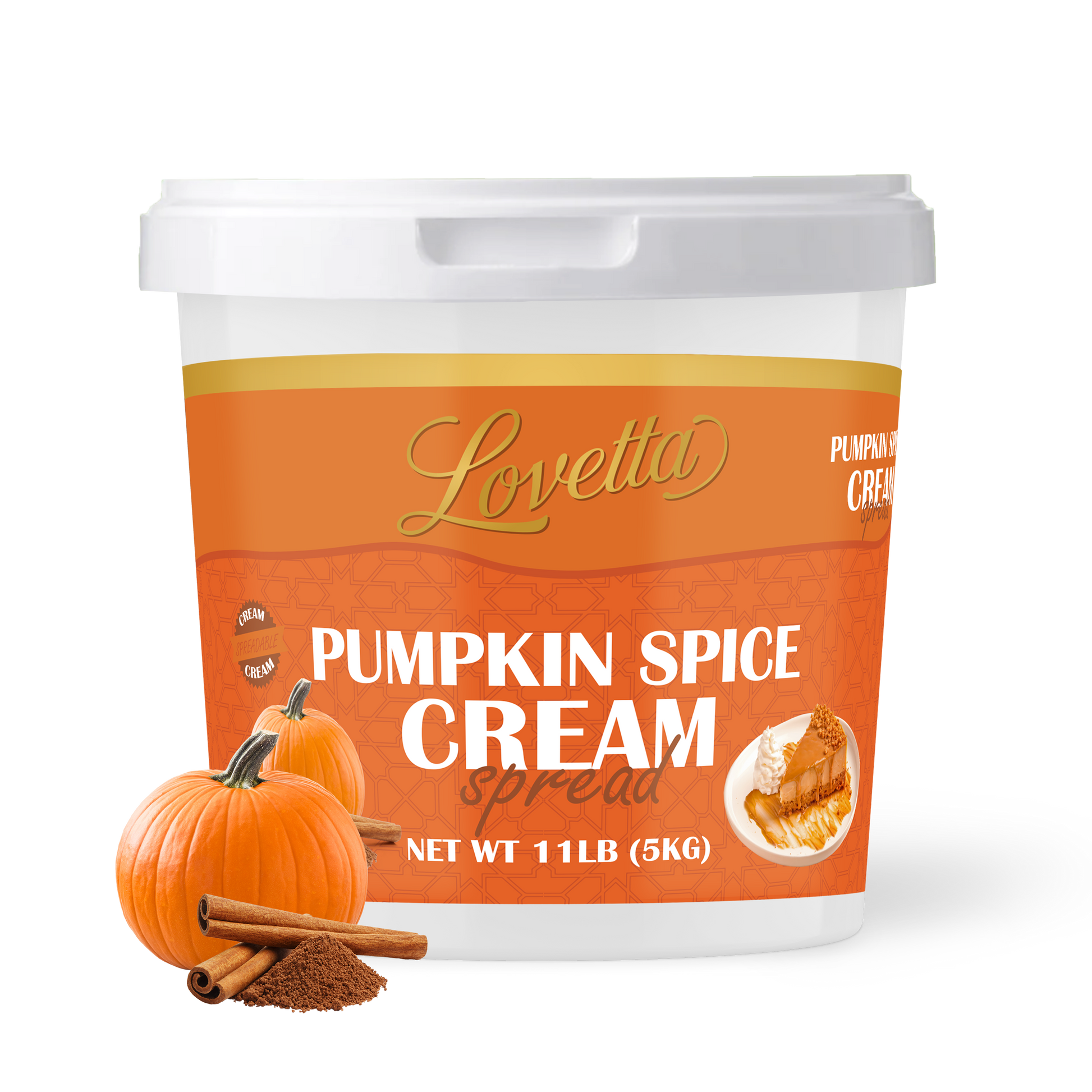 Container of Lovetta Pumpkin Spice Cream spread with a pumpkin and cinnamon