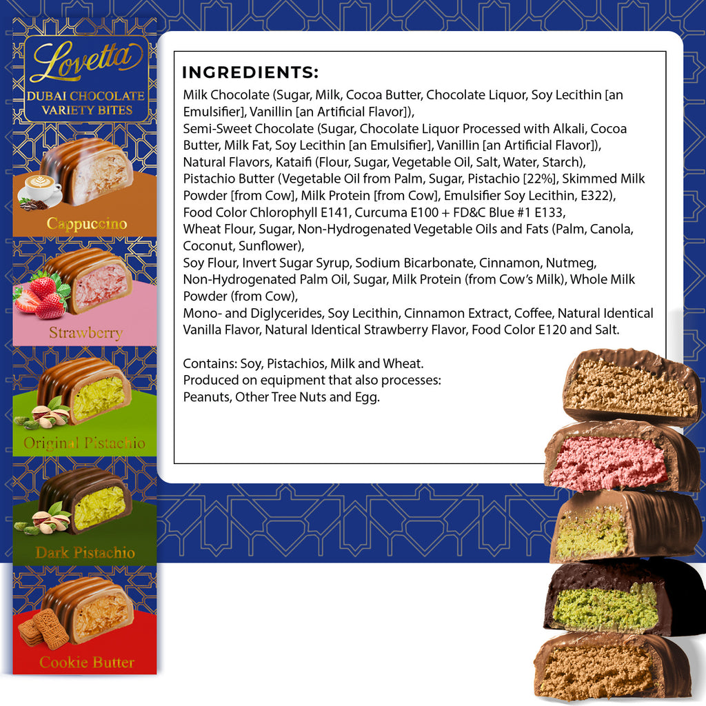 5 Piece Dubai Chocolate Variety Pack Pistachio, Cookie Butter, Strawberry, Cappuccino, Dark Chocolate Pistachio
