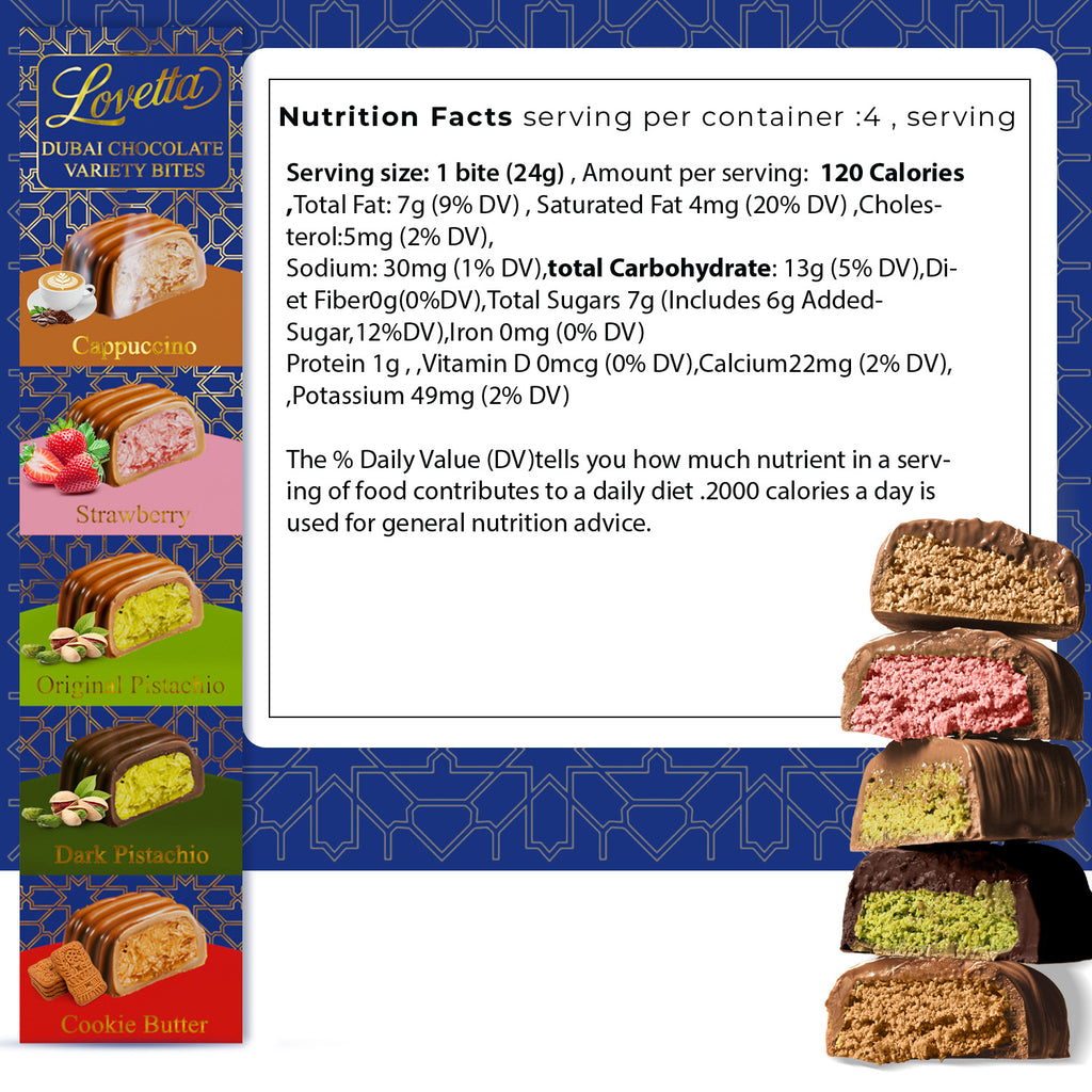 5 Piece Dubai Chocolate Variety Pack Pistachio, Cookie Butter, Strawberry, Cappuccino, Dark Chocolate Pistachio
