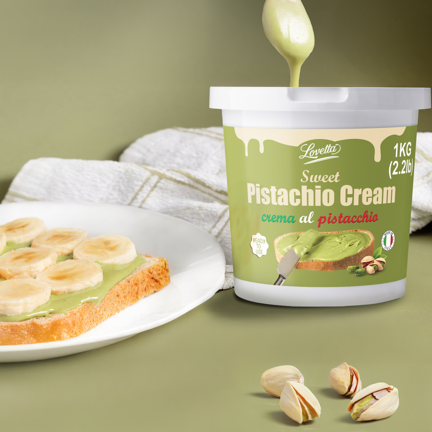 Pistagekräm 1 kg (2,2 lb) – Italiensk Crema de Pistachio Dubai i lösvikt, premium pistagesmör, pistagepasta och pålägg – Pistagekräm för Dubai-choklad, bakverk och desserter 