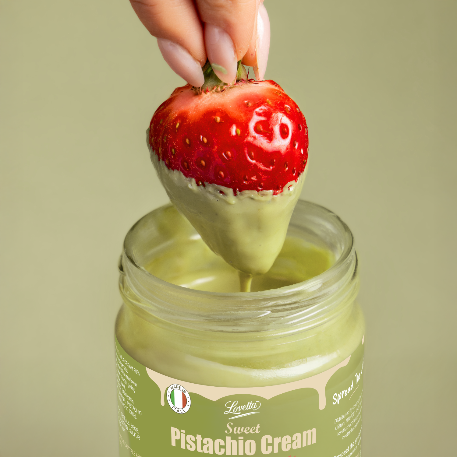 Strawberry dipped in lovetta pistachio paste 